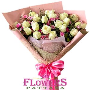 21 White Roses and Pink Eustoma - Flowers-Pattaya