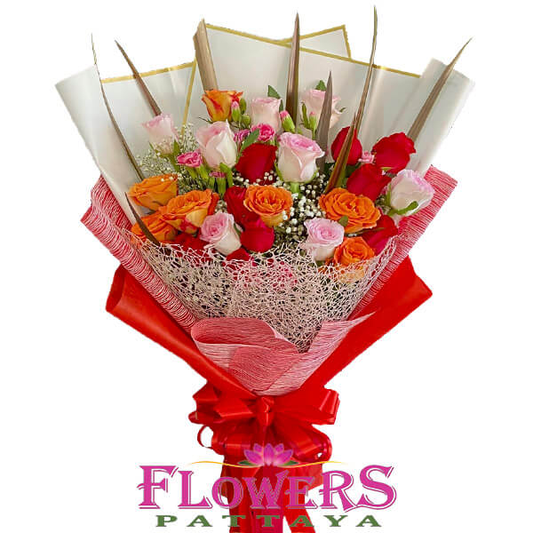 Orange, Pink and Red Roses + Eustoma - Flowers-Pattaya