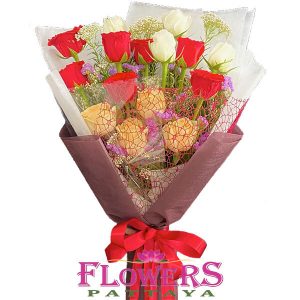15 Red, White and Creeam-Roses - Flower Delivery Pattaya