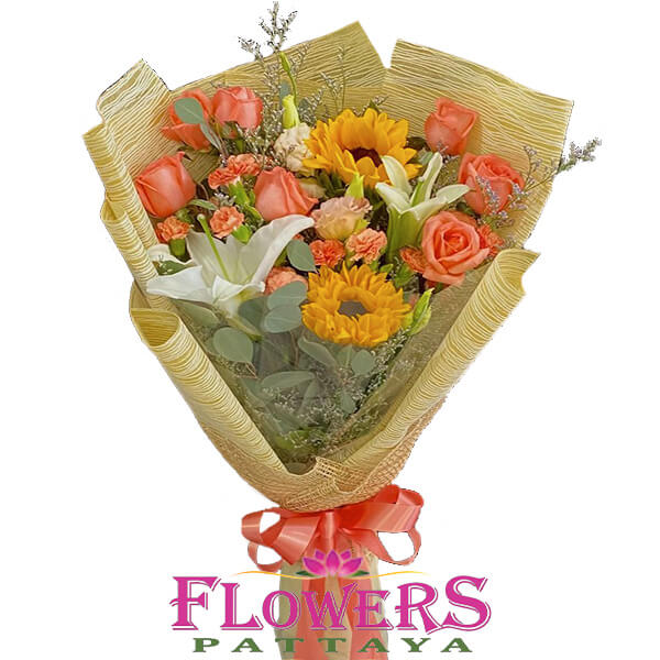 Sunflowers and Peach Roses - Flower Delivery Pattaya