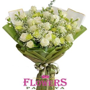 White Roses + Green Eustoma - Flower Delivery Pattaya