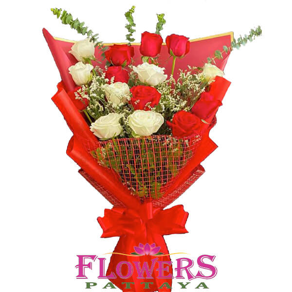 15 Red and White Roses - Flower Delivery Pattaya