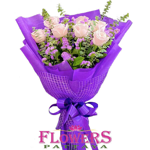 7 Pink Roses and Purple Cernak - Flower Delivery Pattaya