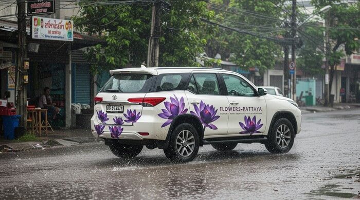 Flowers-Pattaya delivery car during the rain in Pattaya