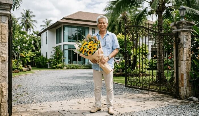 Flower delivery for men in Pattaya (Man with flower bouquet)